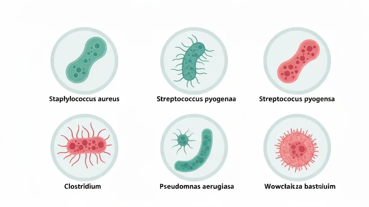 Schemat najczestszych bakterii zakażających rany - Staphylococcus, Streptococcus, Pseudomonas