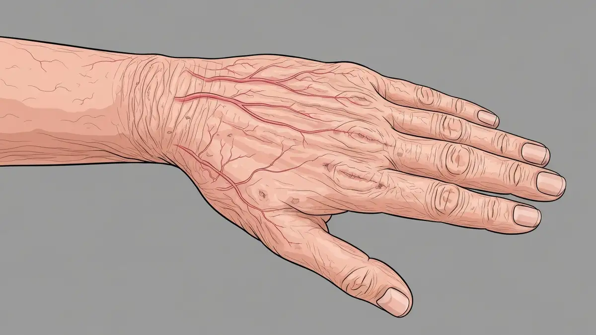Senior z cienką pergaminową skórą na dłoni z widocznymi zmianami wiekowych oraz rozdarciami - ilustracja medyczna
