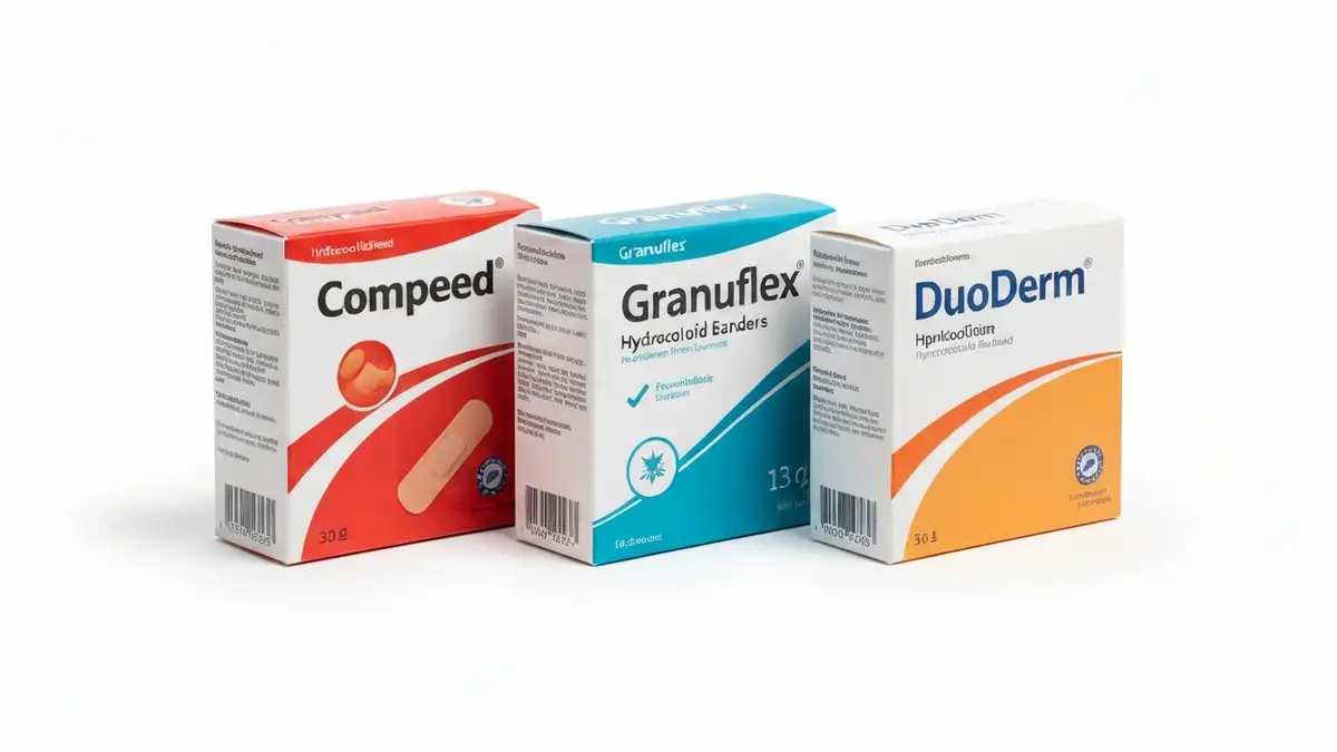 Trzy opakowania opatrunków hydrokoloidowych Compeed, Granuflex i DuoDerm ułożone obok siebie na białym tle