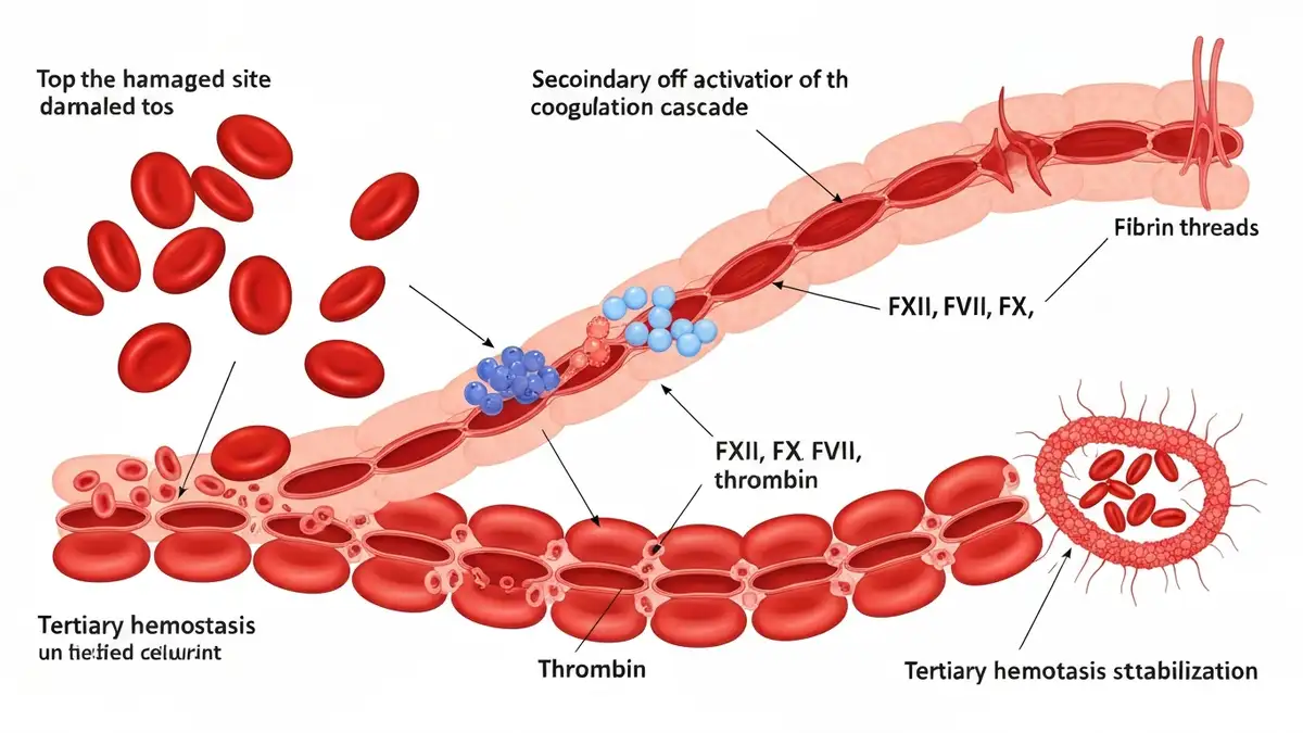 Diagram fazy hemostazy pokazujący trzy etapy: hemostaza pierwotna z płytkami krwi tworzącymi wtyczkę, hemostaza wtórna z kaskadą krzepnięcia i czynnikami koagulacyjnymi, oraz stabilizacja skrzepłiny przez fibrynę