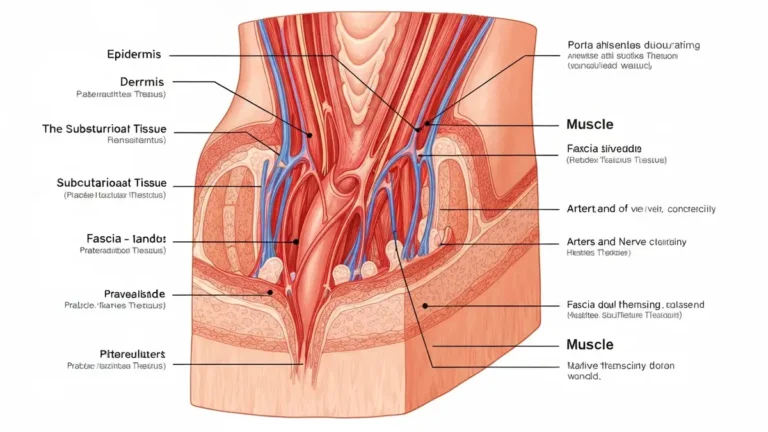 Anatomiczny schemat głębokich warstw rany cietej pokazujący naskórek, skórę właściwą, podskórę, powięź i mięśnie z oznaczonymi zagrożonymi strukturami