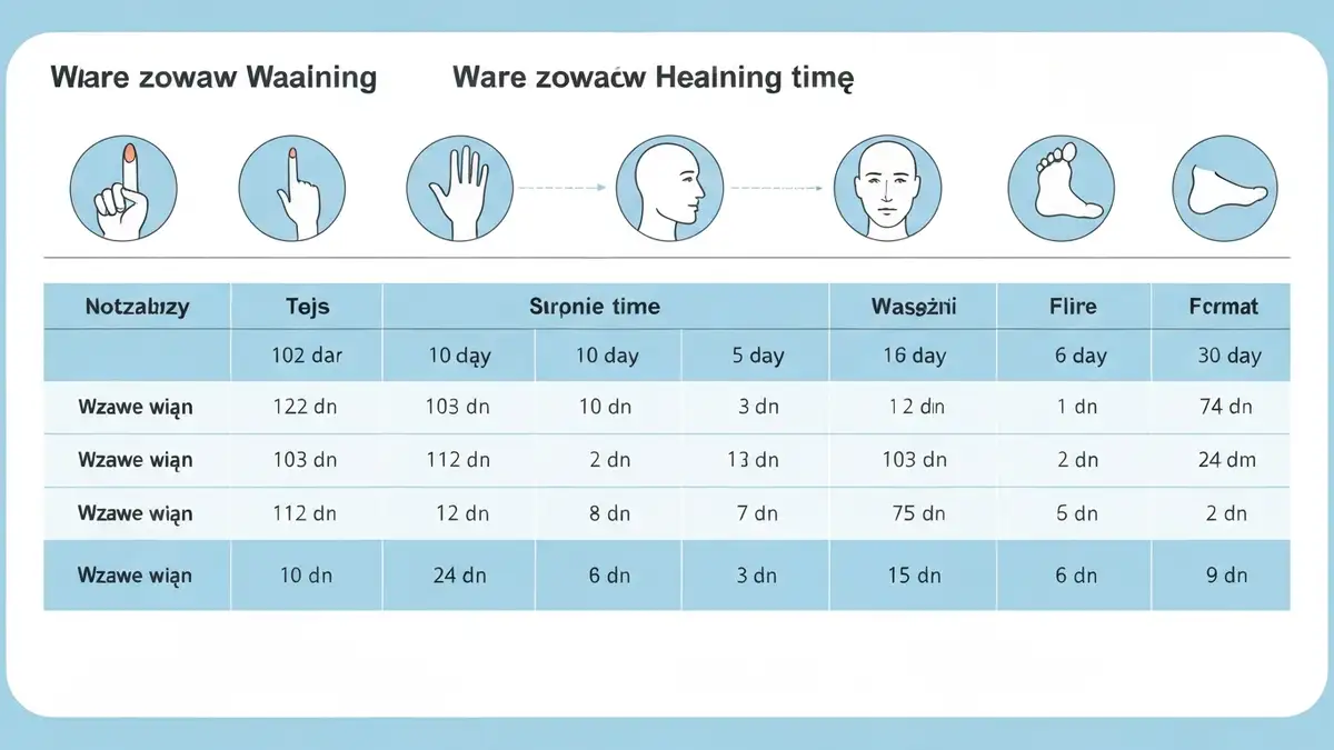 Tabela czasu gojenia skaleczenia według głębokości i lokalizacji rany