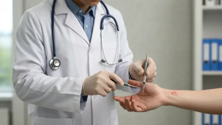 Lekarz oceniający zakażoną ranę na dłoni pacjenta - kryteria decyzji o antybiotyku