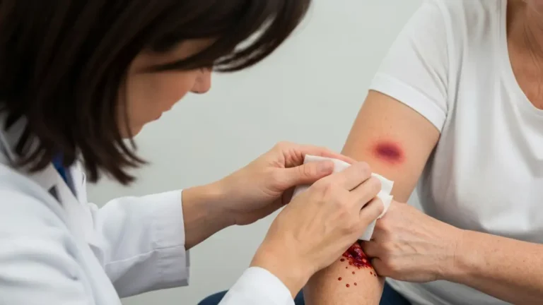 Osoba na lekach przeciwzakrzepowych udzielająca sobie pierwszej pomocy przy krwawieniu - ucisk bezpośredni na ranę