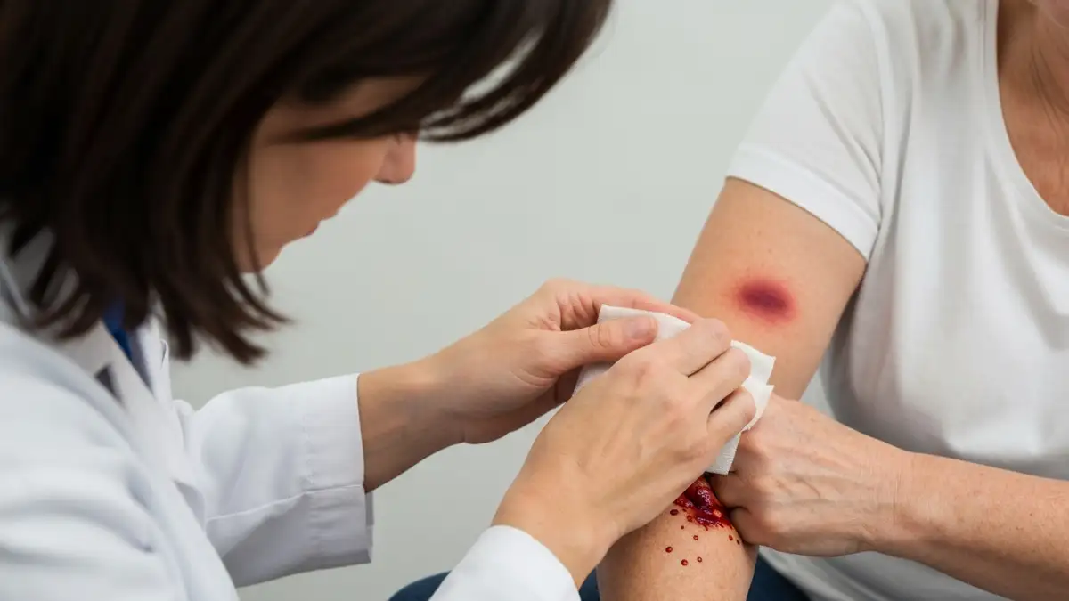 Osoba na lekach przeciwzakrzepowych udzielająca sobie pierwszej pomocy przy krwawieniu - ucisk bezpośredni na ranę