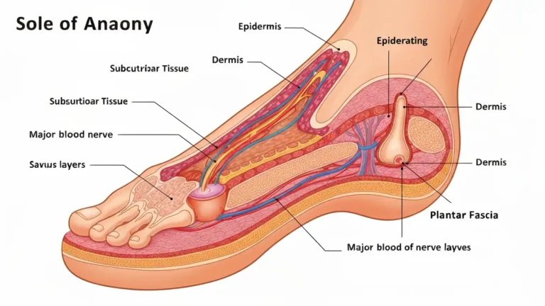 Przekrój anatomiczny podeszwy stopy z zaznaczoną penetracją gwoździa przez poszczególne warstwy tkanek