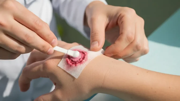 Delikatne zdejmowanie przywarego opatrunku ze skaleczenia na ręce z użyciem soli fizykologicznej