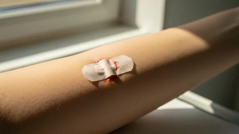 Plaster motylkowy (steri-strip) naklejony na małą ranę ciętą na przedramieniu