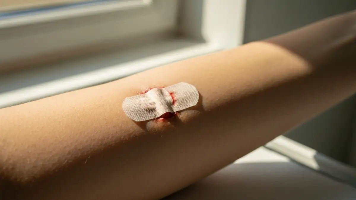 Plaster motylkowy (steri-strip) naklejony na małą ranę ciętą na przedramieniu