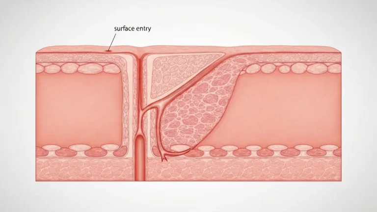 Ilustracja anatomiczna przekroju skory pokazujaca kanal rany klutej z malym otworem wlotowym i gleboka penetracja tkanek