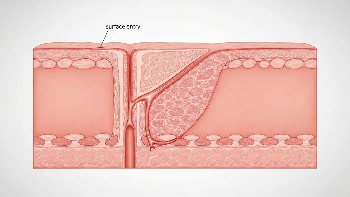 Ilustracja anatomiczna przekroju skory pokazujaca kanal rany klutej z malym otworem wlotowym i gleboka penetracja tkanek