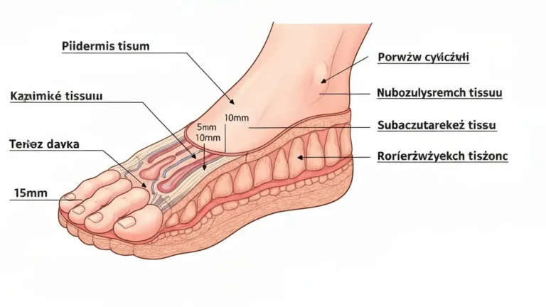 Przekrój anatomiczny stopki pokazujący penetrację gwoździa przez warstwy skóry i tkanek do ścięgien i kości