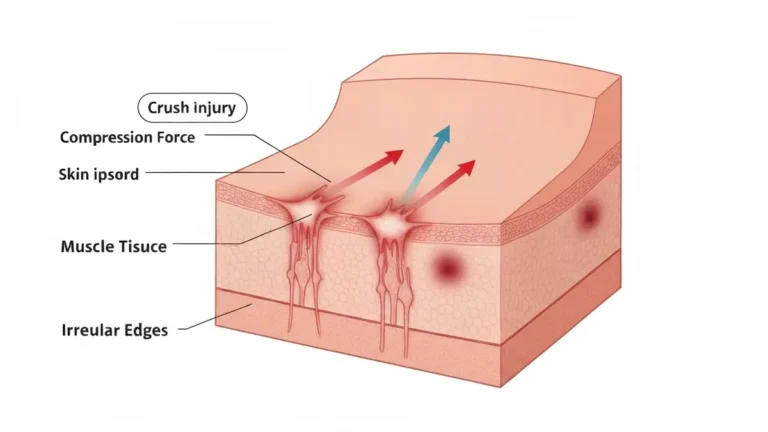 Schemat anatomiczny przedstawiający mechanizm powstania rany miażdżonej z zaznaczonymi warstwami uszkodzonych tkanek