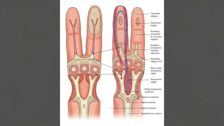 Diagram porównujący anatomię zdroznego palca i palca po przytrzaśnięciu drzwiami ze wskazaniem warstw tkanek