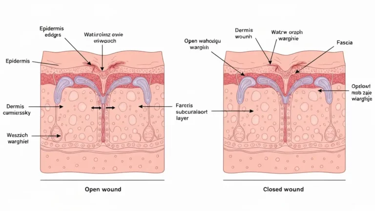 Diagram porównania rozwartych i zamkniętych brzegów rany z oznaczeniem dystansu i warstw skóry
