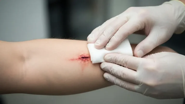 Pacjent na leku Xarelto (rywaroksaban) stosuje nacisk bezpośredni na skaleczenie na przedramieniu, używając gaży i opaski kompresyjnej, aby tamować wydłużone krwawienie