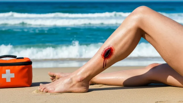 Osoba z skaleczeniem na nodze, woda morska na plaży - pierwsza pomoc