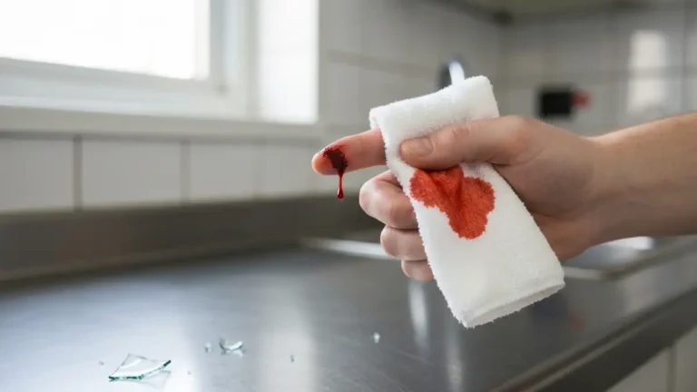 Skaleczenie ręki od pękniętego naczynia szklnego w kuchni z krwią na białej ściereczce