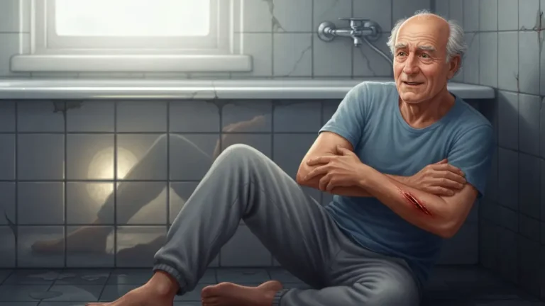 Senior po upadku w łazience z skaleczeniem na ramieniu, siedzi na podłodze obok wanny