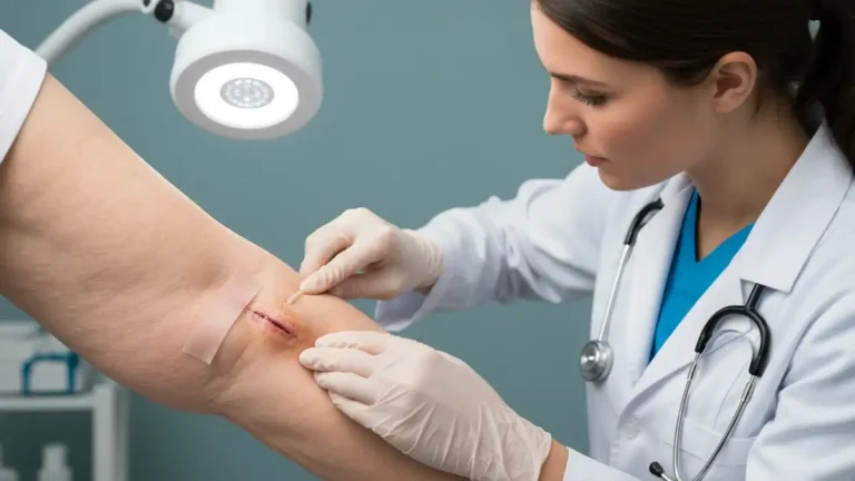 Geriatra badający skin tears na ręce seniora - powierzchowna rana ze wsią wiszącej skórki