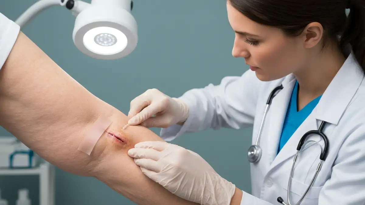 Geriatra badający skin tears na ręce seniora - powierzchowna rana ze wsią wiszącej skórki