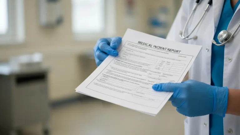 Pracownik medyczny w rekawiczkach trzymajacy formularz procedury poekspozycyjnej po ukluciu igla, na tle szpitalnego tla