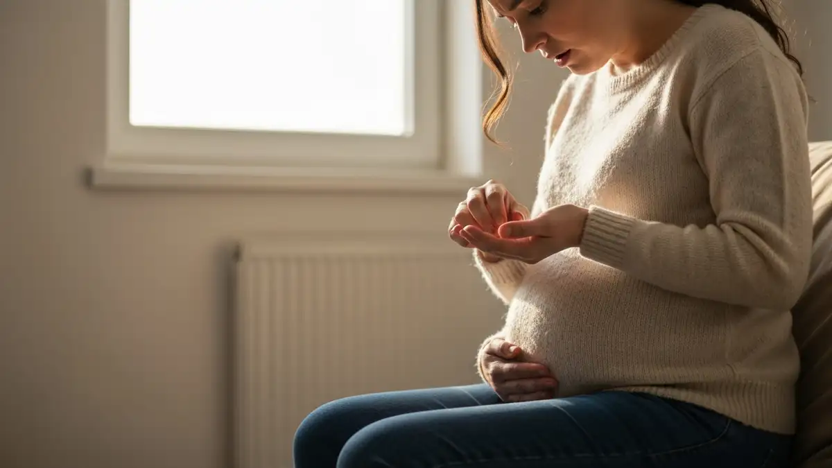 Ciężarna woman wspiera brzuch i patrzy z niepokojem na skaleczenie na dłoni